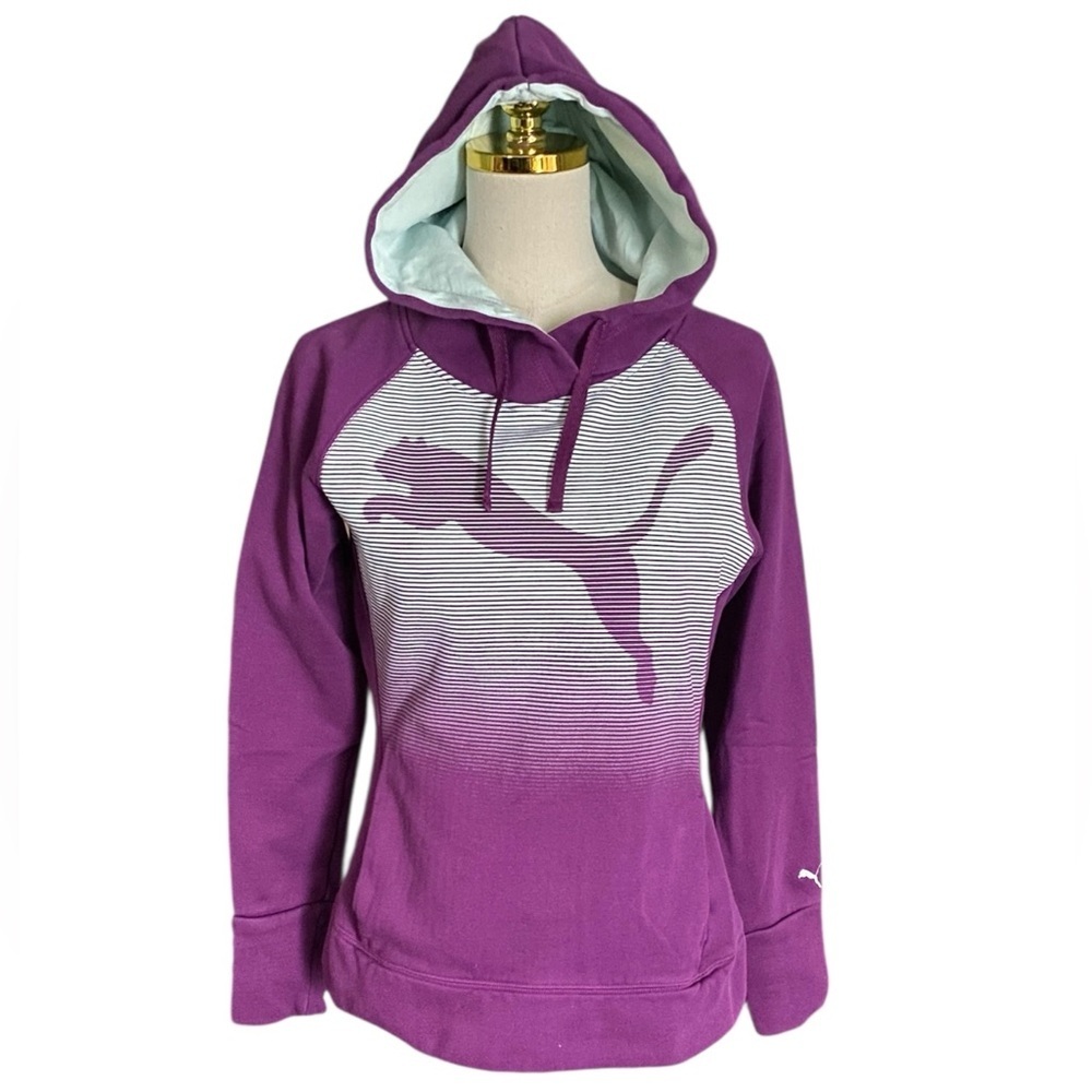 Puma Women Purple Athletic Sporty Graphic Logo Pullover Fleece Hoodie Sz Medium